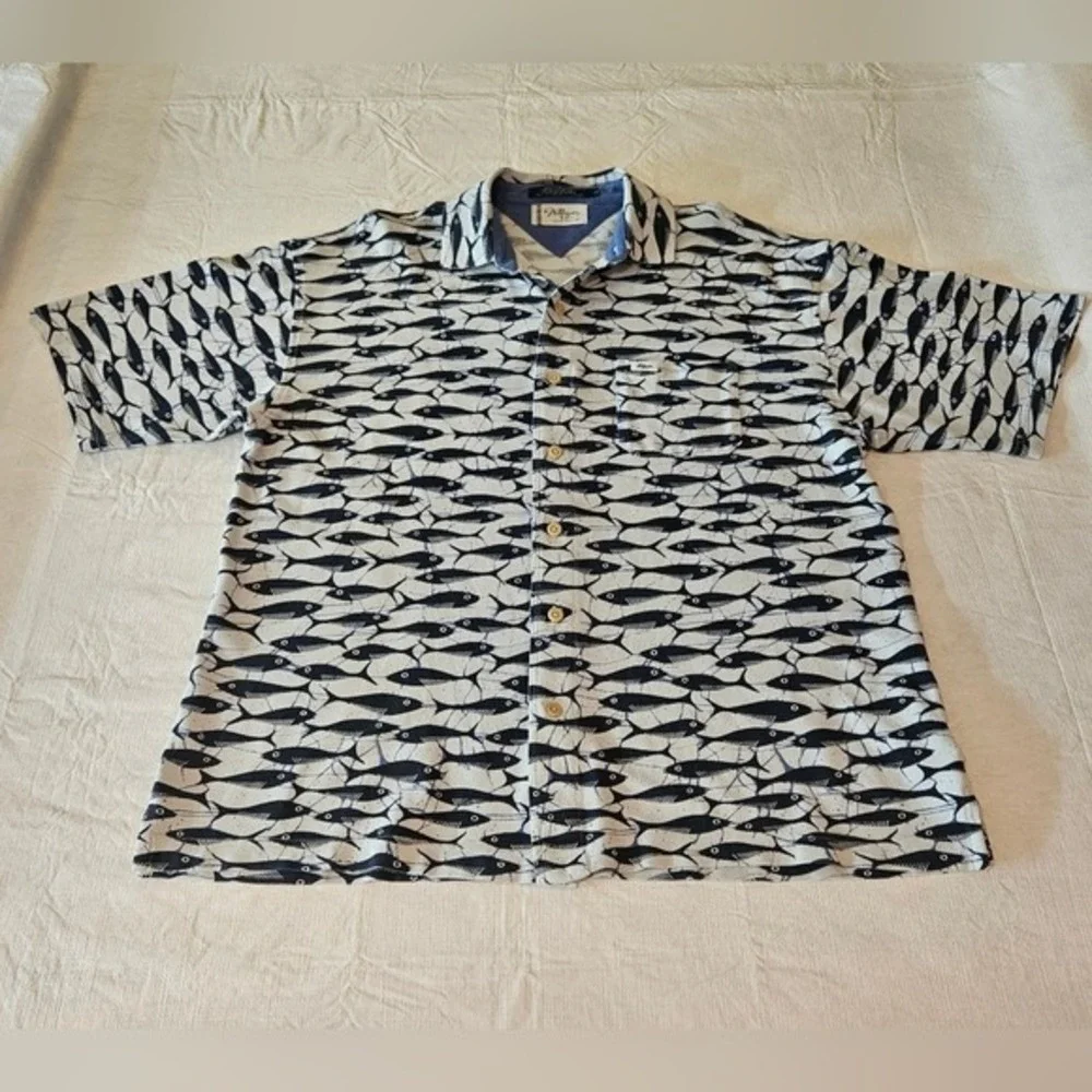 Tommy Hilfiger Surf Co Fish Print Button Down Shirt Mens Large Navy White Cotton